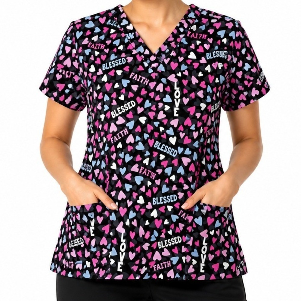 Cassandra O Scrub Top Womens Small Black Pink Heart Faith Blessed Love V-Neck